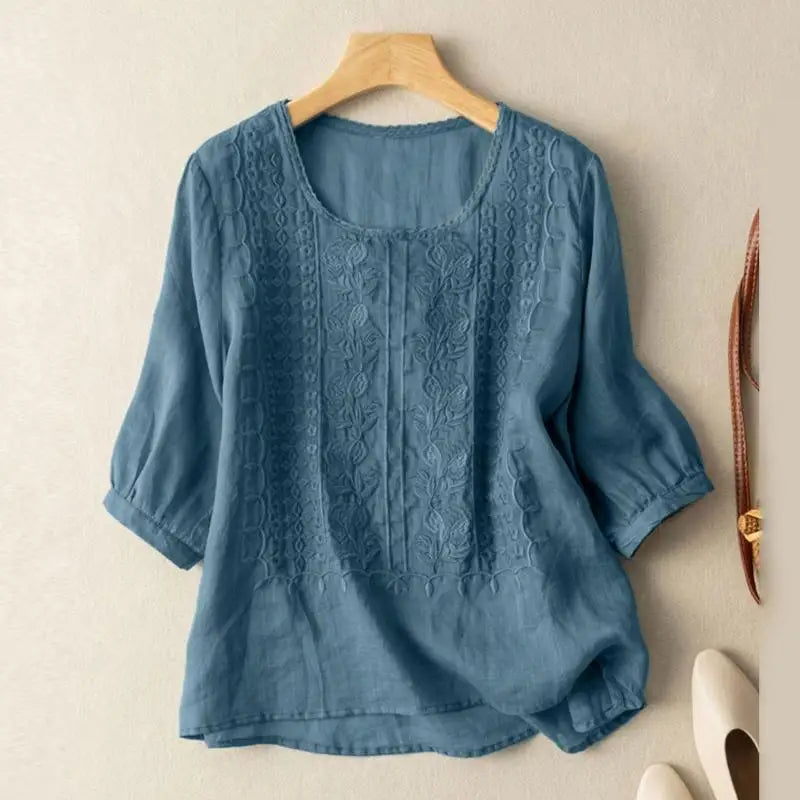 Vera | Embroidered Blouse with Round Neckline and Three Quarter Sleeves