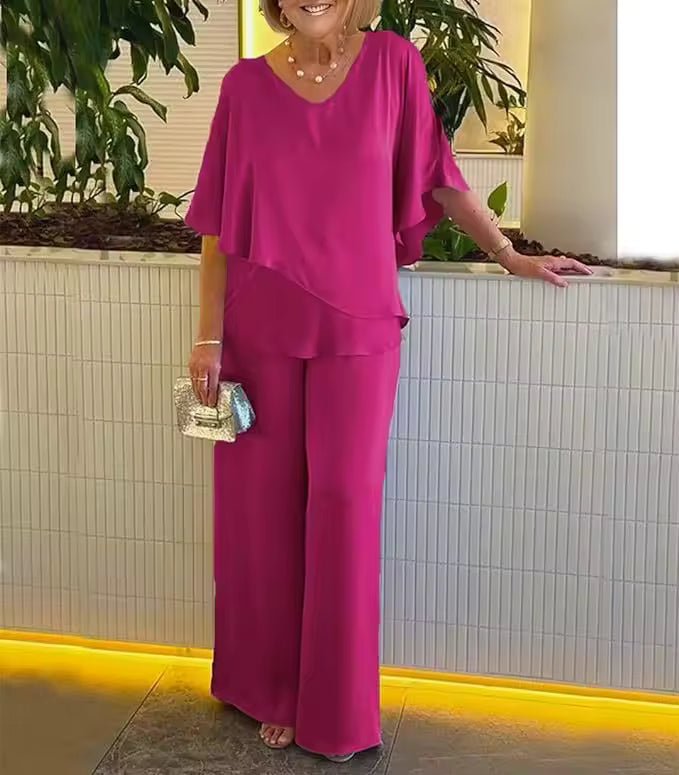 Bev | Co-ord Set with Wide Leg Trousers and Layered V Neck Top