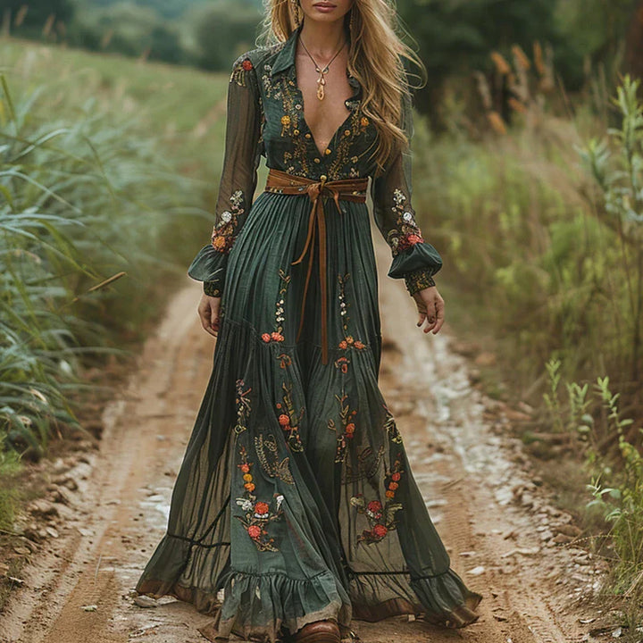 Claire | Maxi Summer Dress with Floral Embroidery and Belted Waist