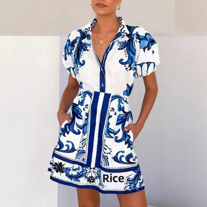Isla | Mini Shirt Dress with Boho Print and Puff Sleeves