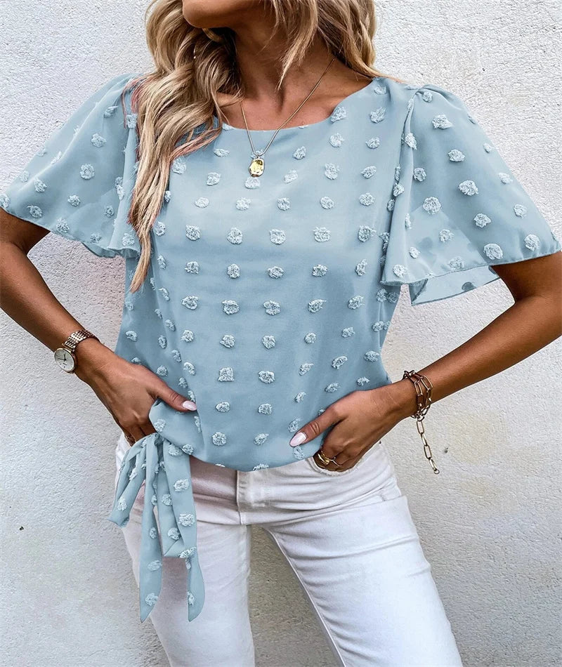 Edie | Textured Blouse with Round Neckline and Tie Waist