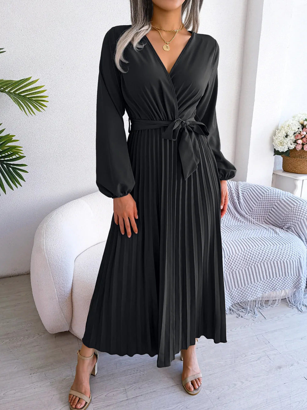 Ellie | Midi Wedding Guest Dress with V-Neck Wrap and Pleated Skirt