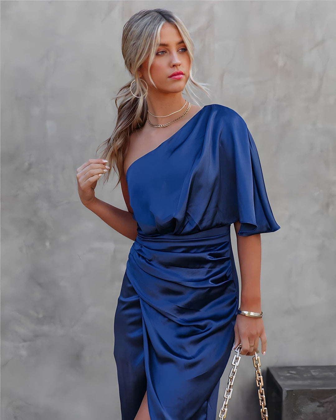 Ava | Midi Wedding Guest Dress with One Shoulder and Draped Bodice
