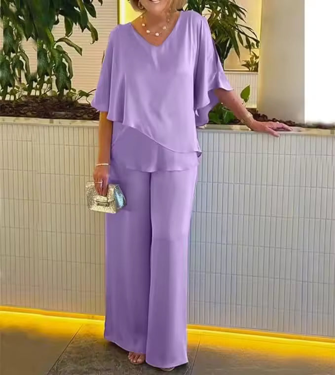Bev | Co-ord Set with Wide Leg Trousers and Layered V Neck Top