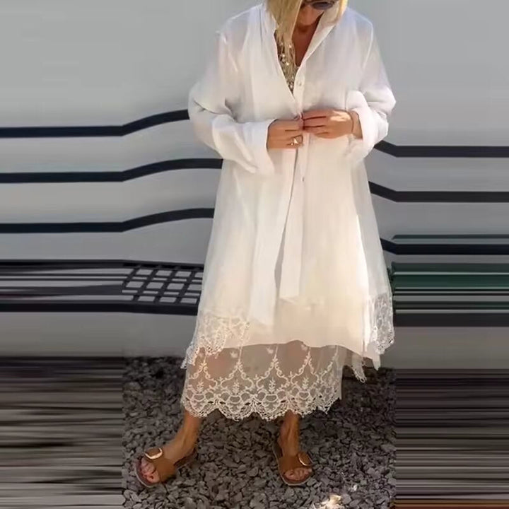 Patty | Midi Shirt Dress with Long Sleeves and Embroidered Hem