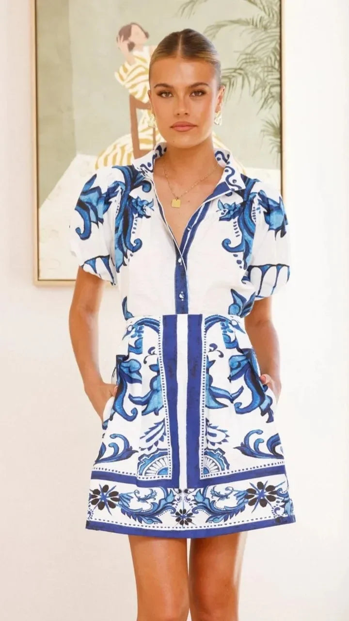 Isla | Mini Shirt Dress with Boho Print and Puff Sleeves