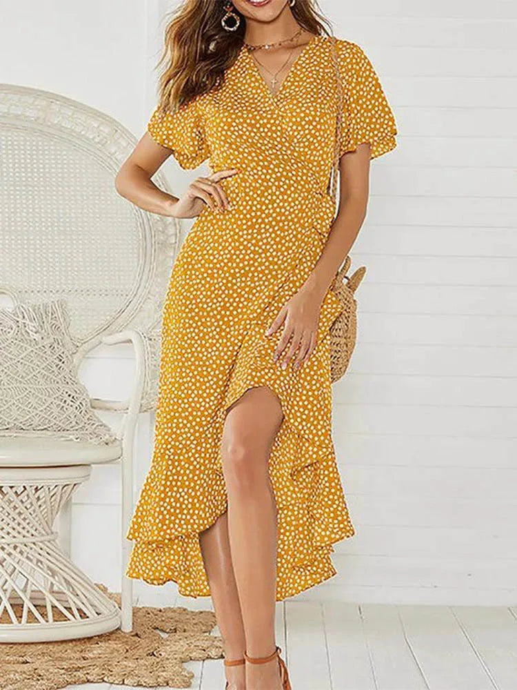 Una | Midi Summer Dress with Floral Print and Wrap Front