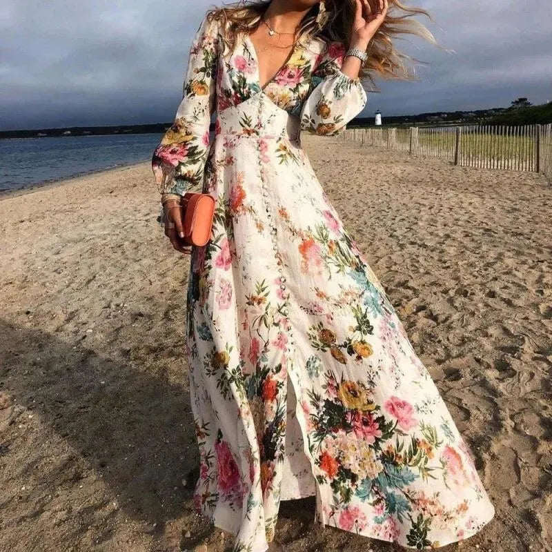 Vera | Maxi Summer Dress with Floral Print and Puff Sleeves