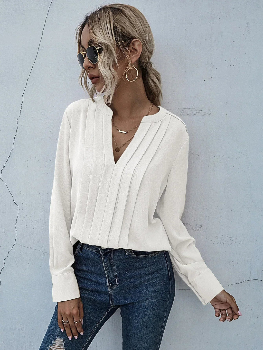 Pia | Pleated Front Blouse with Split V-Neck and Long Sleeves
