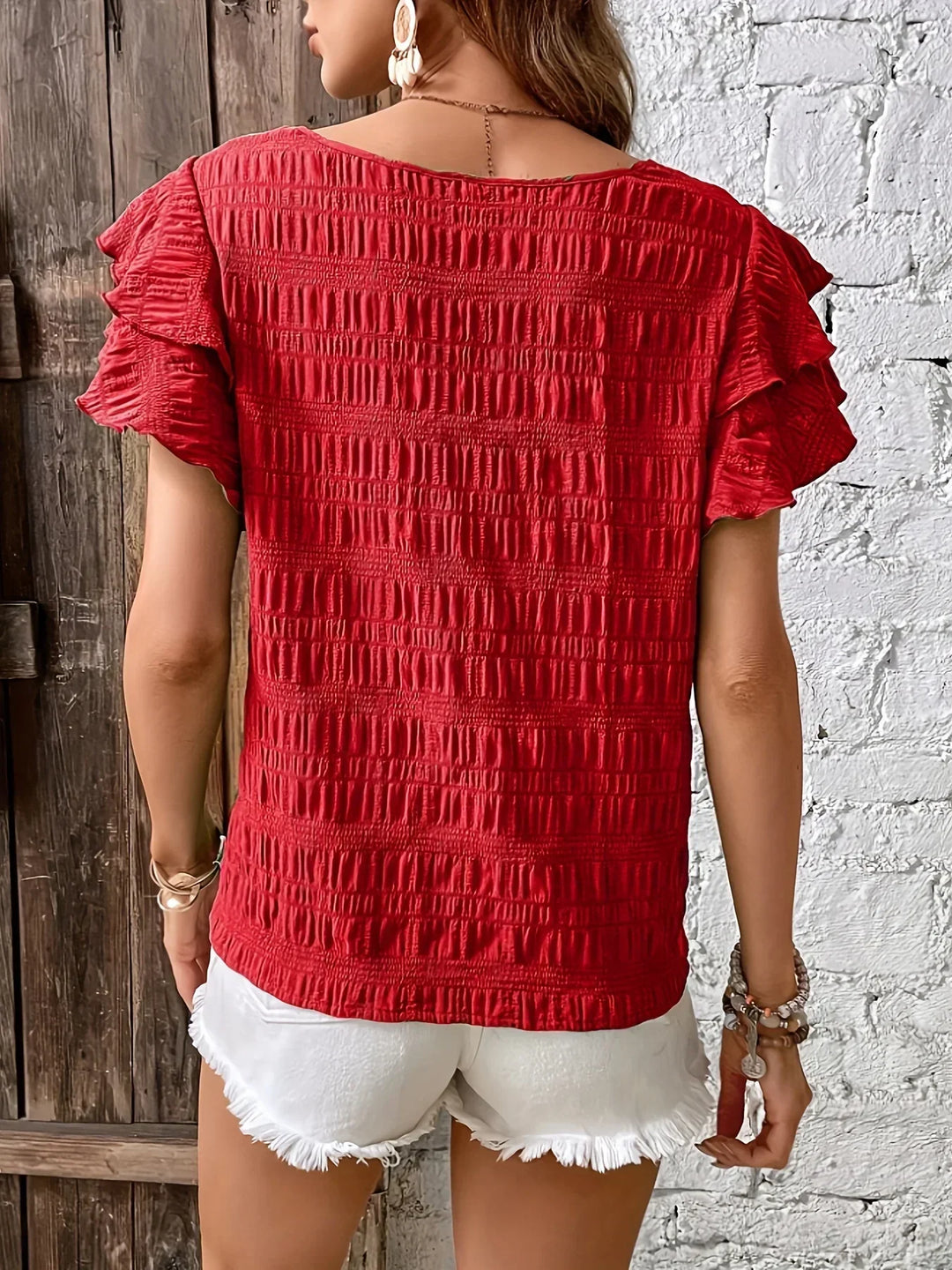 Tess | Smocked Flutter Sleeve Top with Round Neck and Textured Fabric