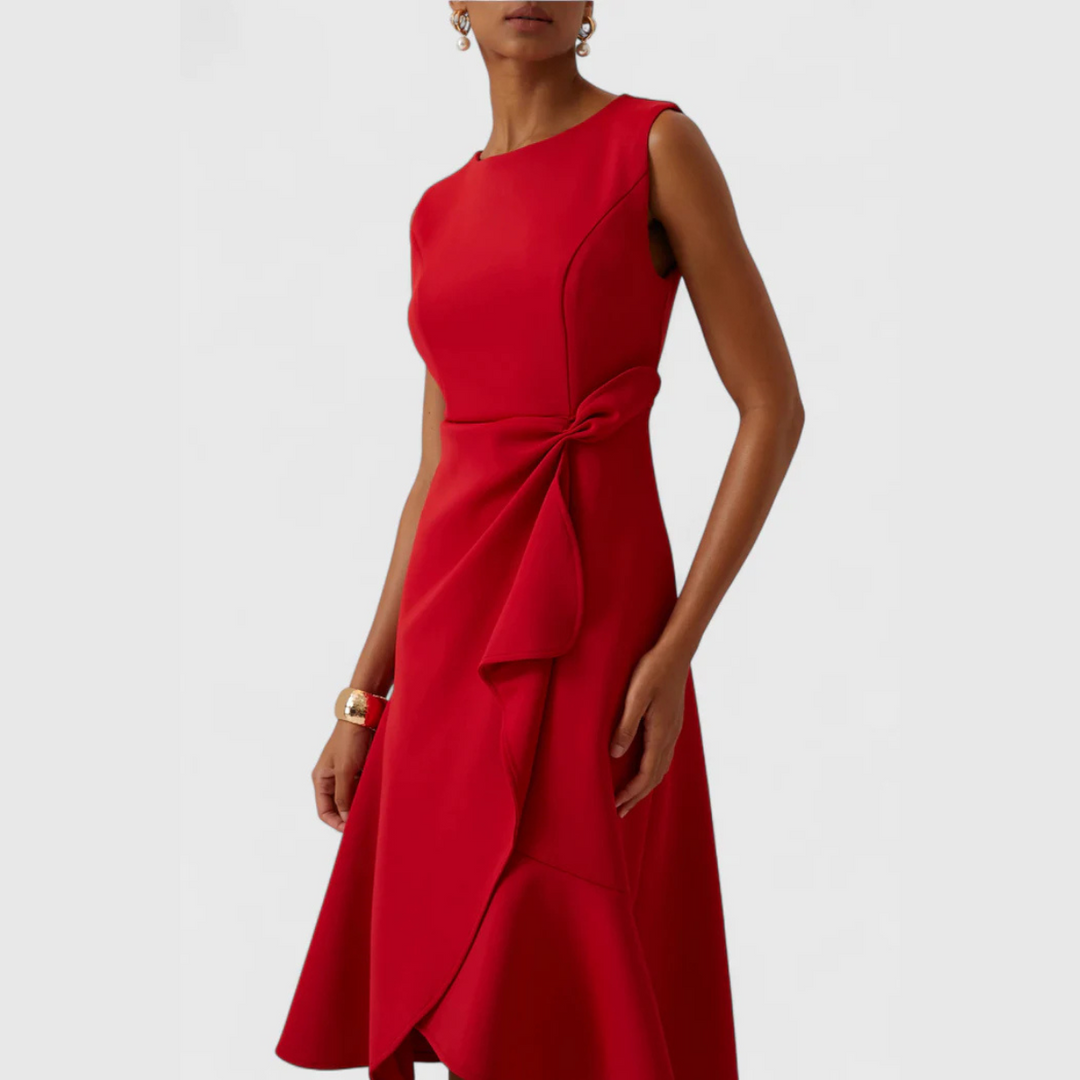 Sheila | Midi Cocktail Dress with Asymmetric Hem and Draped Bodice