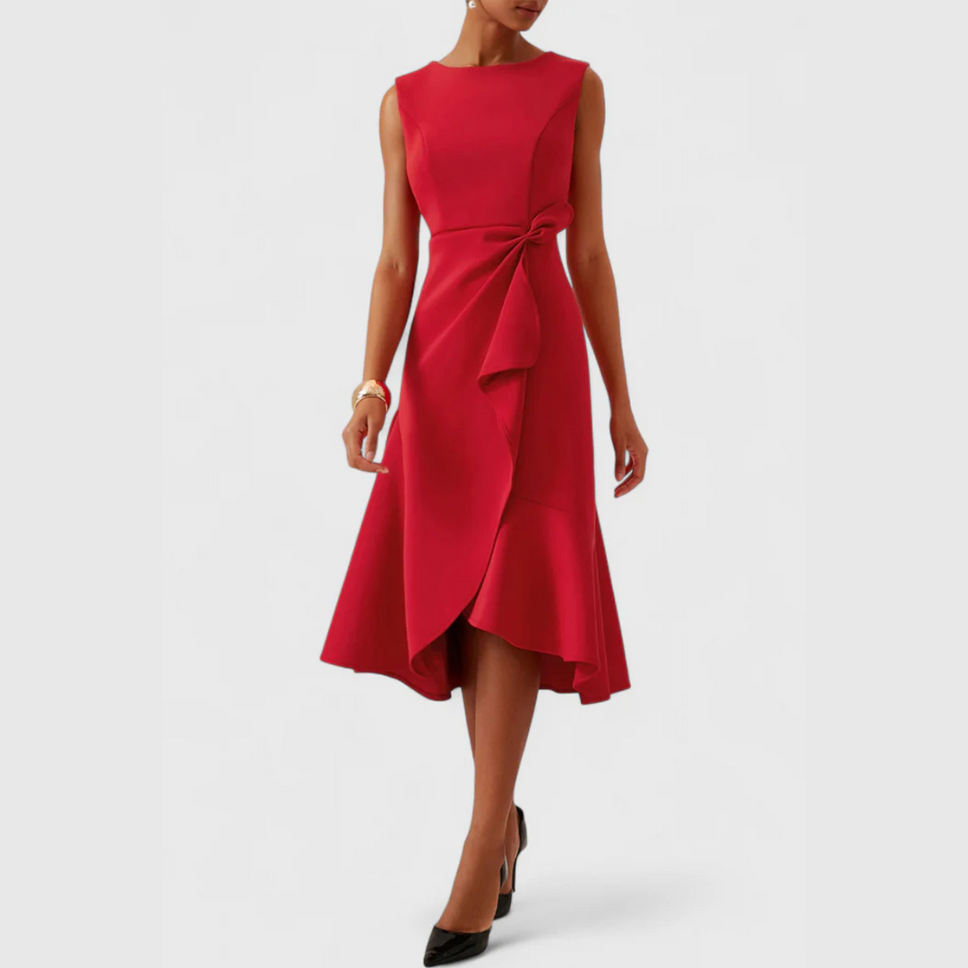 Sheila | Midi Cocktail Dress with Asymmetric Hem and Draped Bodice