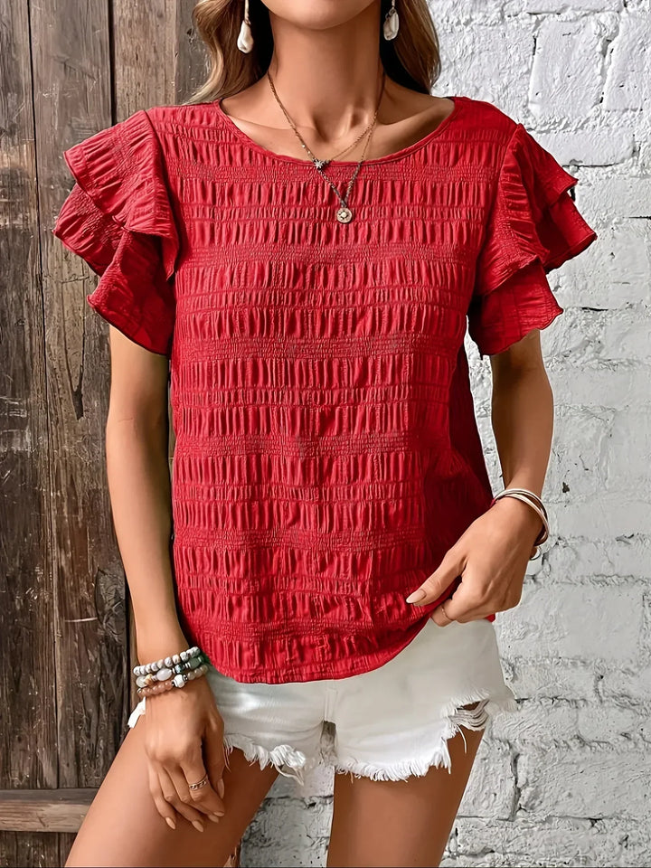 Tess | Smocked Flutter Sleeve Top with Round Neck and Textured Fabric