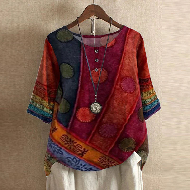 Cleo | Boho Print Top with Short Sleeves and Button Detail
