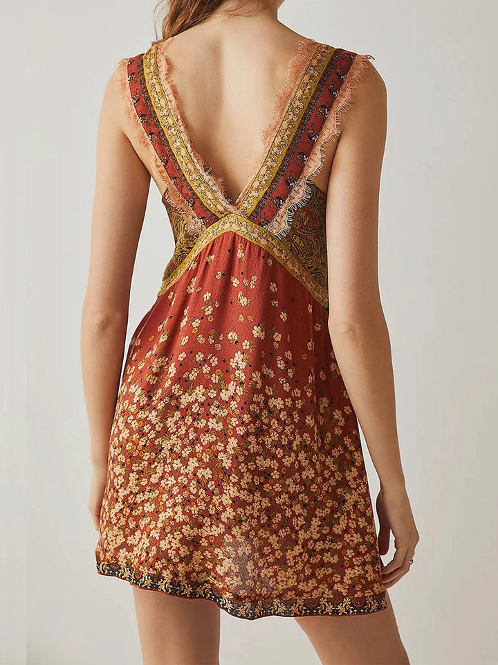 Poppy | Mini Summer Dress with Floral Print and Deep V Neckline