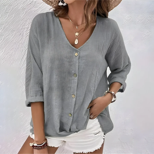 Suki | V Neck Blouse with Three Quarter Sleeves and Button Front