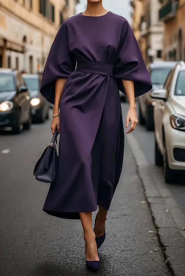 Grace | Midi Cocktail Dress with Lantern Sleeves and Belted Waist