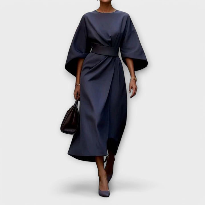 Sonia | Midi Cocktail Dress with Kimono Sleeves and Belted Waist