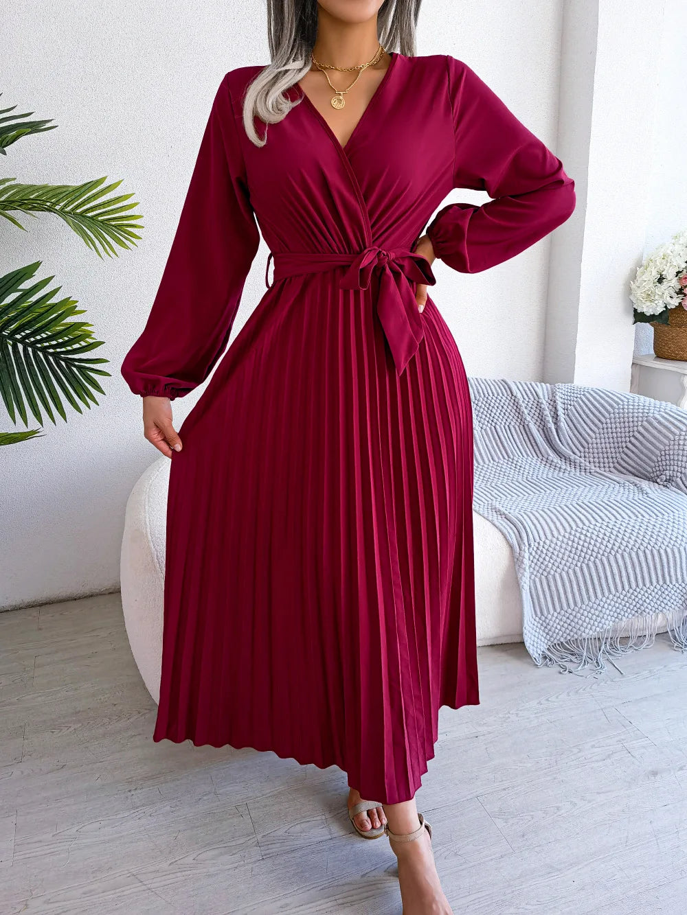 Ellie | Midi Wedding Guest Dress with V-Neck Wrap and Pleated Skirt