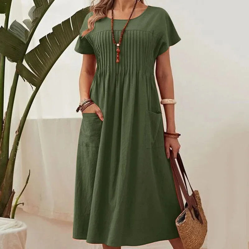 Deborah | Midi Summer Dress with Pleated Bodice and Pockets