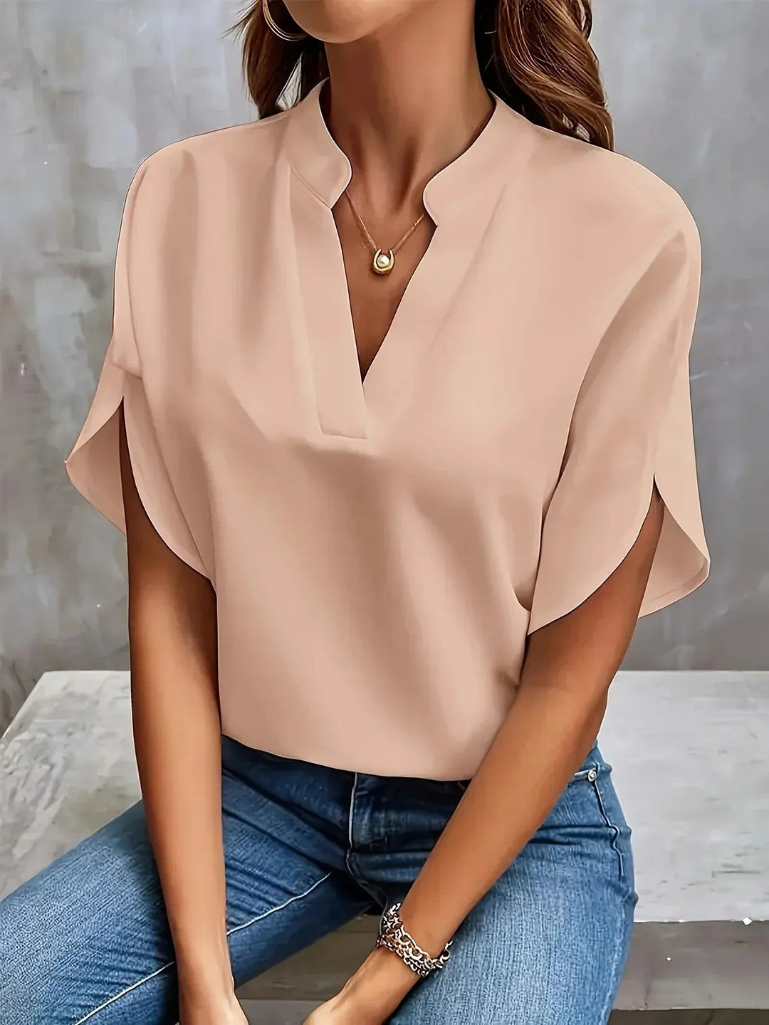 Leah | Flutter Sleeve Blouse with Split V-Neck and Plain Finish