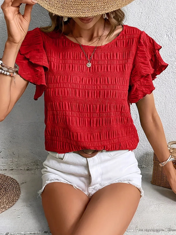 Tess | Smocked Flutter Sleeve Top with Round Neck and Textured Fabric