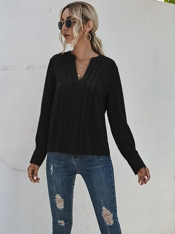 Pia | Pleated Front Blouse with Split V-Neck and Long Sleeves