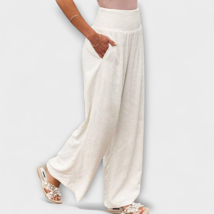Coral | Wide Leg Trousers with Smocked Waist and Pleated Detail