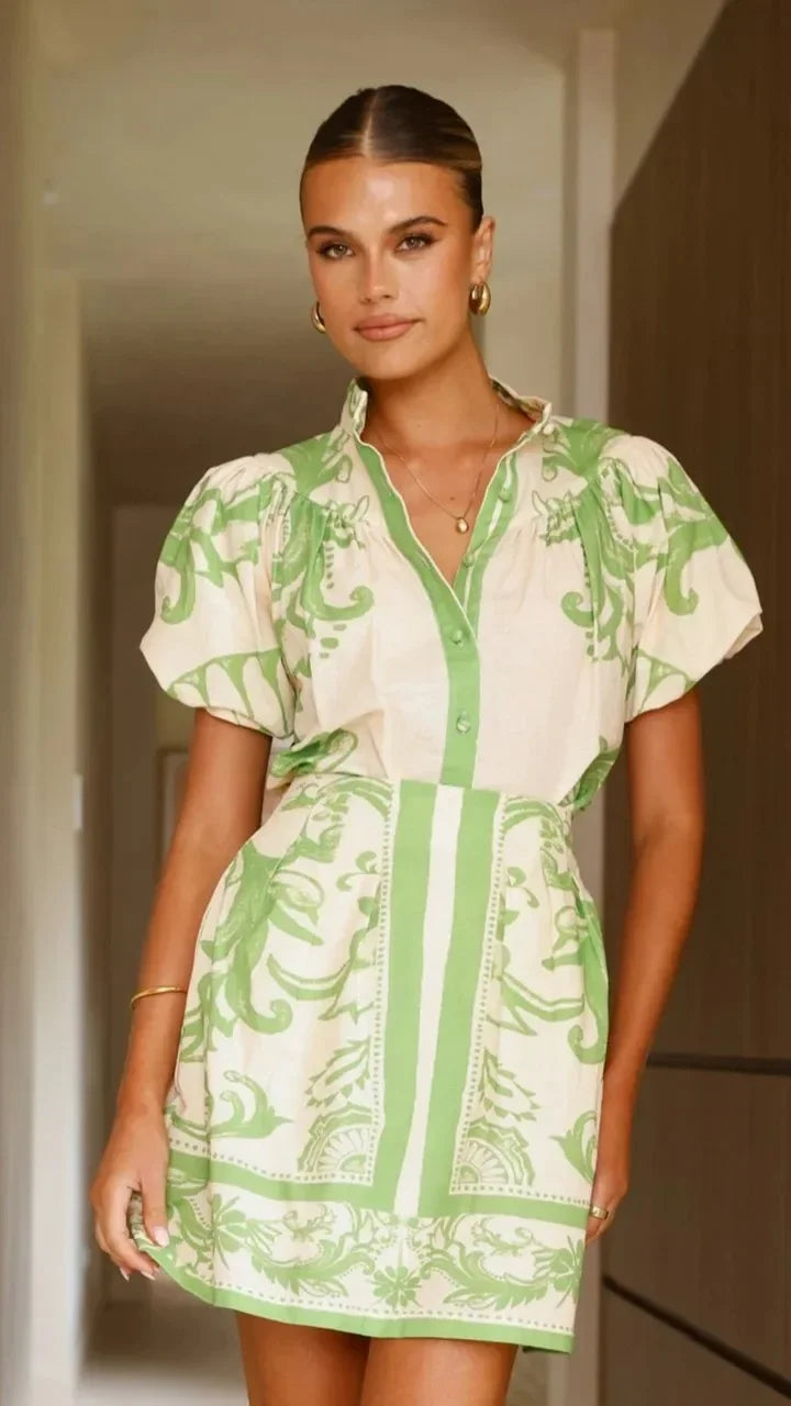 Isla | Mini Shirt Dress with Boho Print and Puff Sleeves