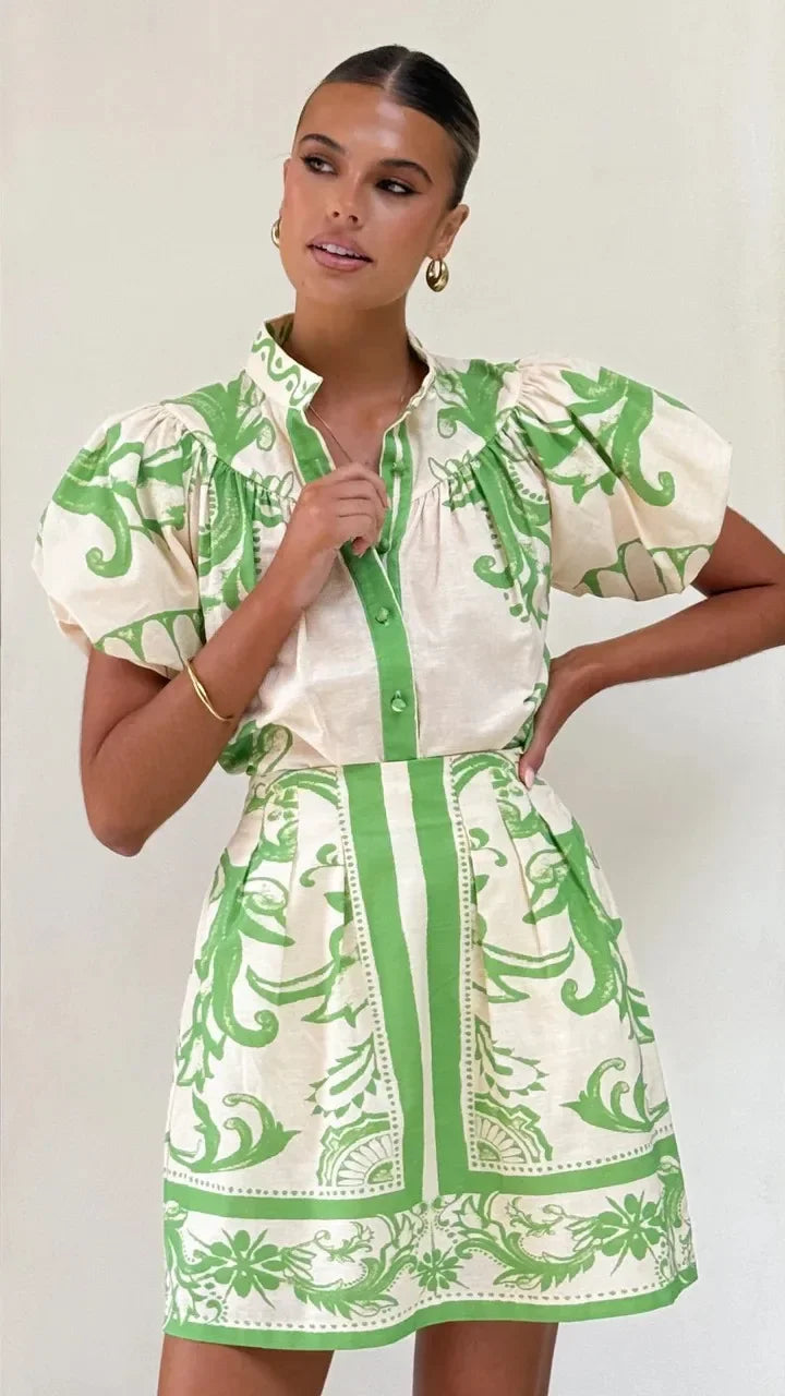 Isla | Mini Shirt Dress with Boho Print and Puff Sleeves