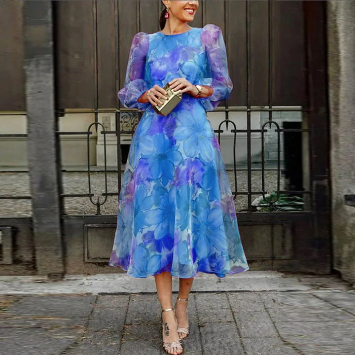 Alexa | Midi Wedding Guest Dress with Floral Print and Puff Sleeves