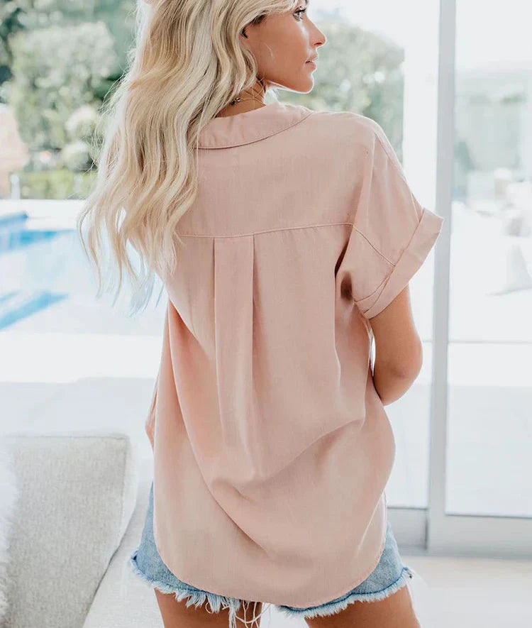 Steph | Short Sleeve Blouse with Shirt Collar and Button Front
