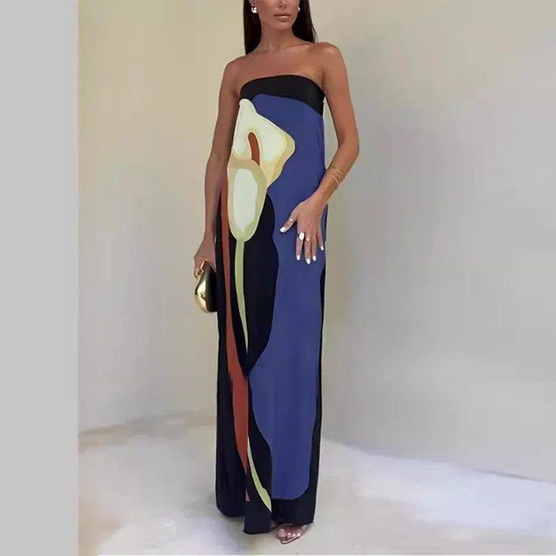 Helen | Maxi Wedding Guest Dress with Strapless Bodice and Abstract Print
