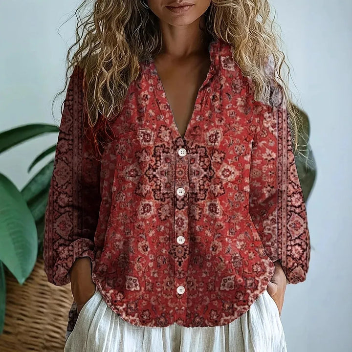 Ferris | Novelty Print Blouse with V Neckline and Button Front