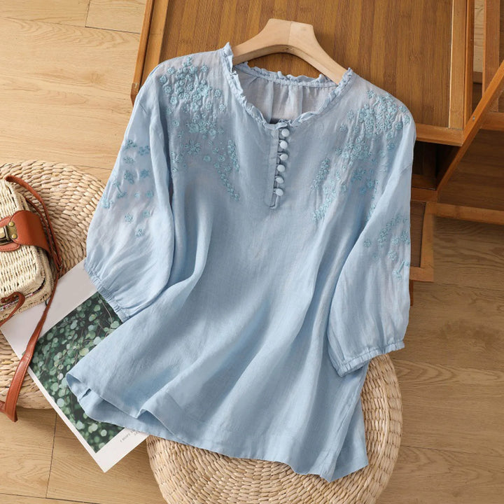 Elsa | Embroidered Blouse with Three Quarter Sleeves and Button Front