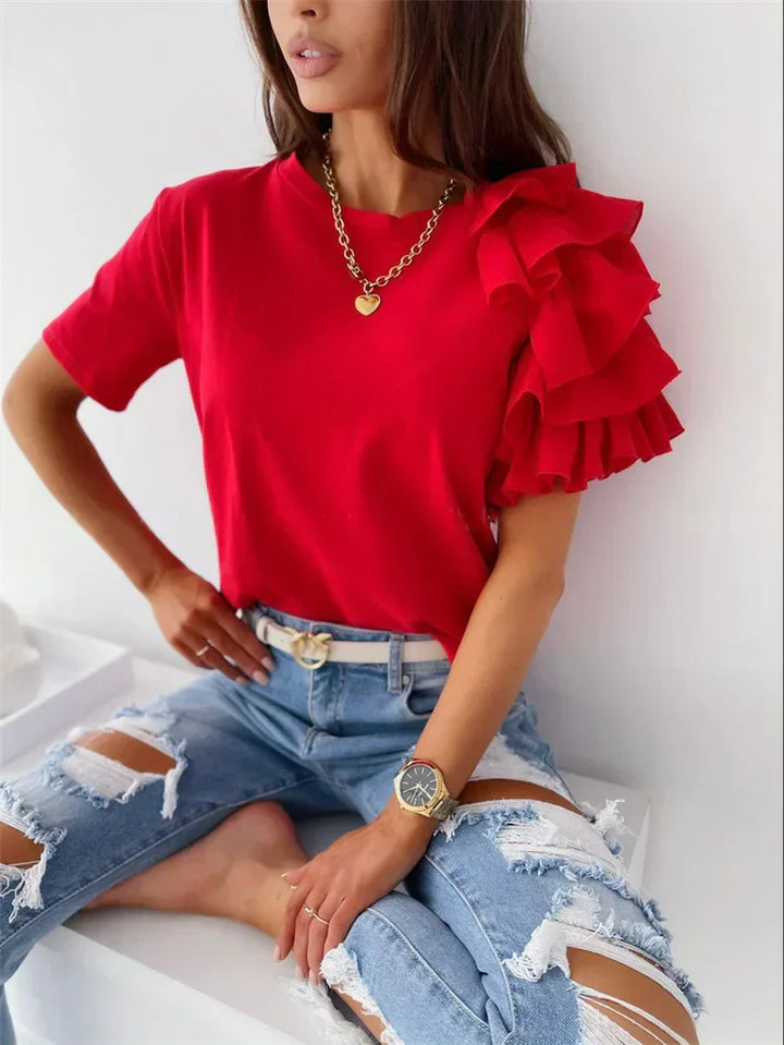 Bea | Tiered Ruffle Sleeve Top with Round Neck and Plain Finish