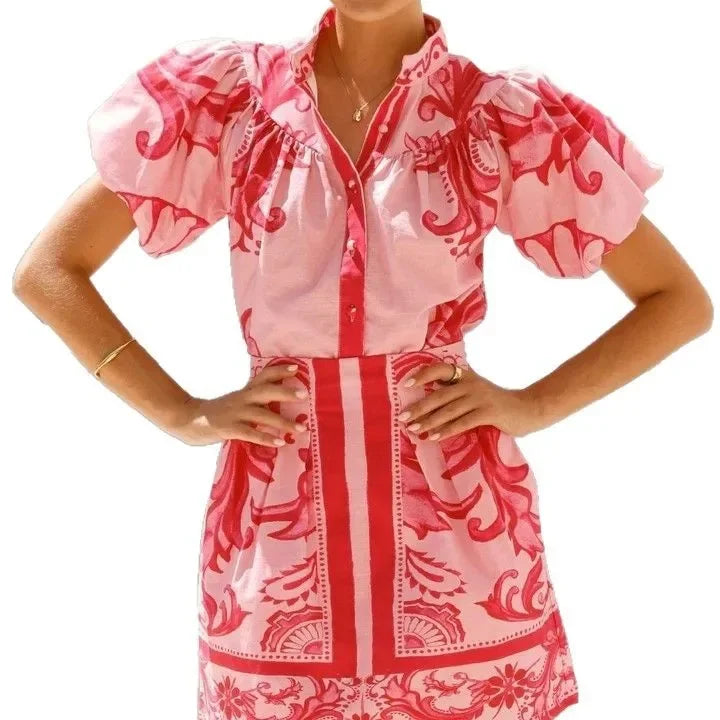 Isla | Mini Shirt Dress with Boho Print and Puff Sleeves