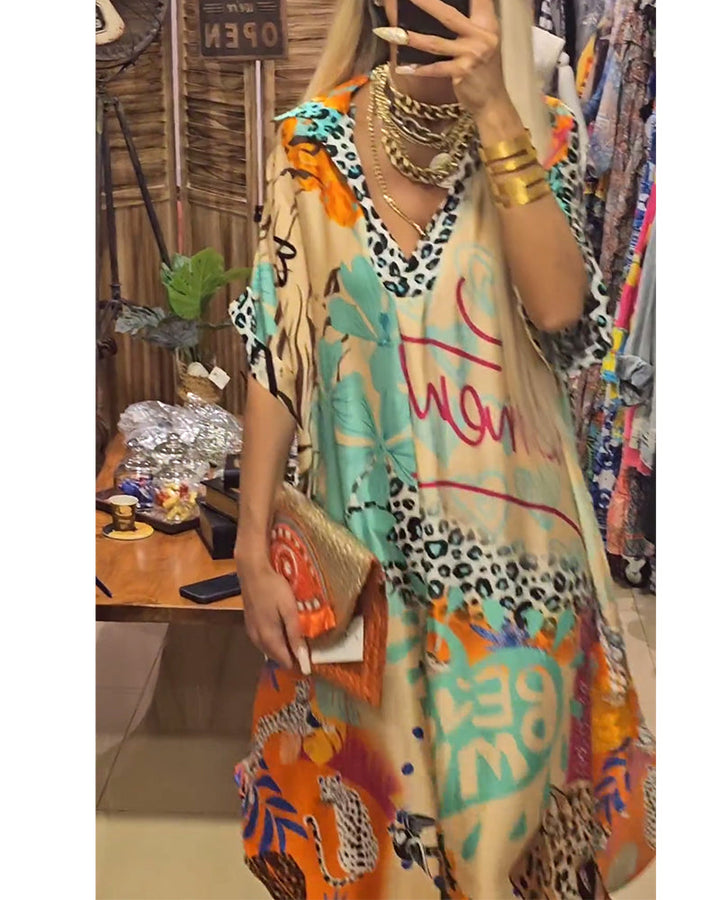 Debra | Midi Summer Dress with Boho Print and V-Neck