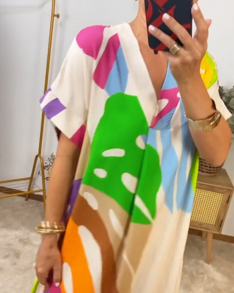 Lisa | Midi Summer Dress with Abstract Print and Batwing Sleeves