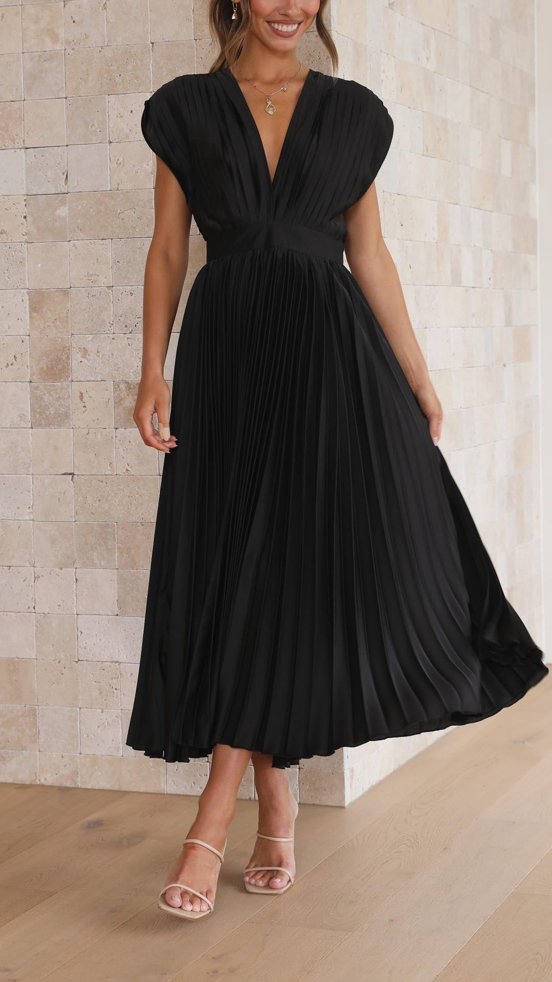 Stella | Midi Wedding Guest Dress with Pleated Skirt and V-Neck