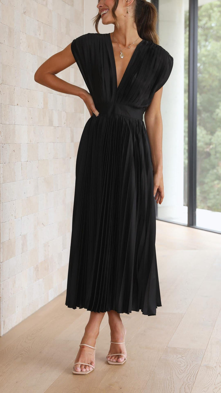 Stella | Midi Wedding Guest Dress with Pleated Skirt and V-Neck