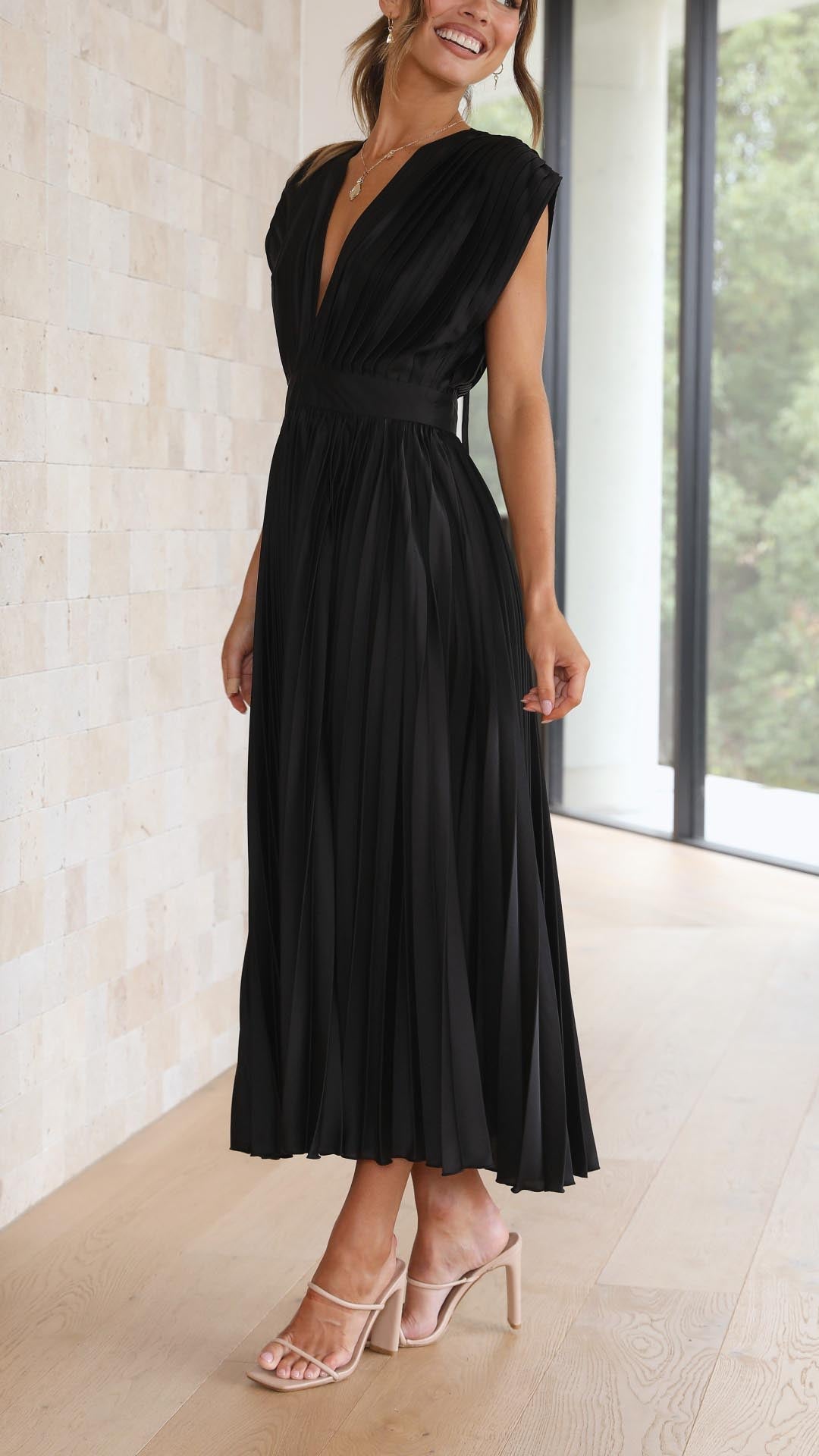 Stella | Midi Wedding Guest Dress with Pleated Skirt and V-Neck