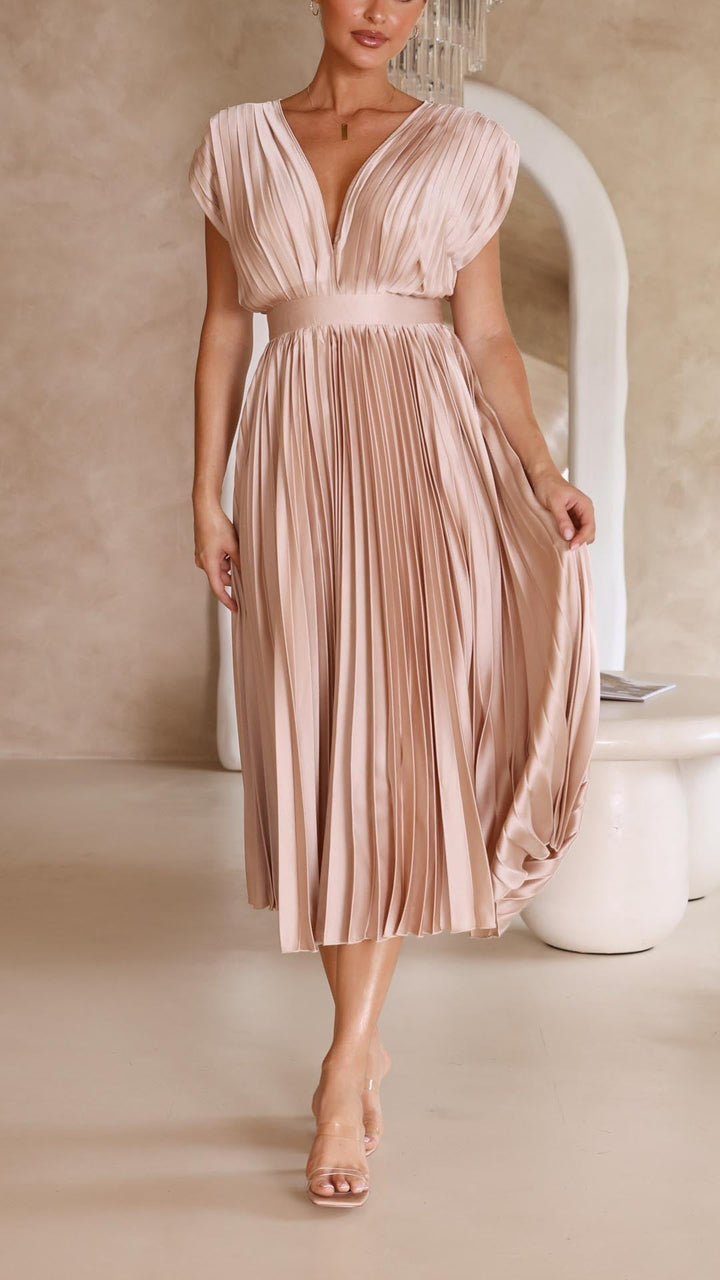 Stella | Midi Wedding Guest Dress with Pleated Skirt and V-Neck