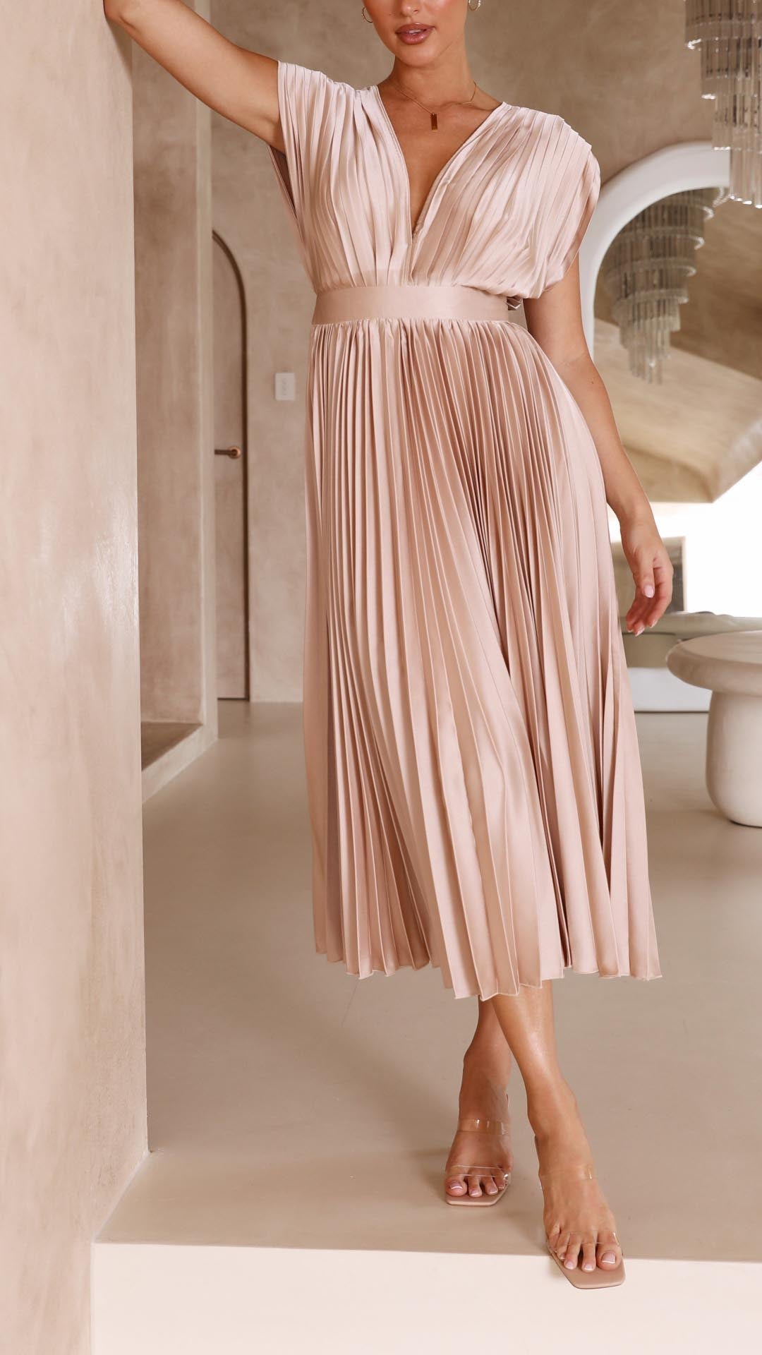 Stella | Midi Wedding Guest Dress with Pleated Skirt and V-Neck