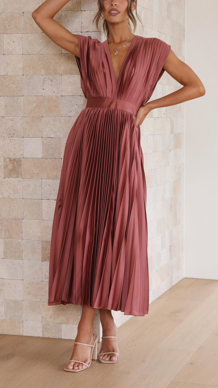 Stella | Midi Wedding Guest Dress with Pleated Skirt and V-Neck
