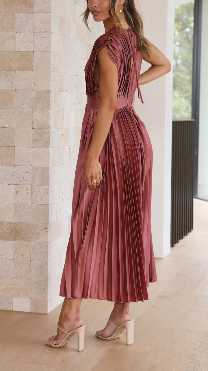 Stella | Midi Wedding Guest Dress with Pleated Skirt and V-Neck
