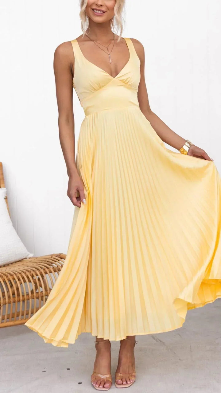 Samantha | Maxi Wedding Guest Dress with V-Neck and Pleated Skirt