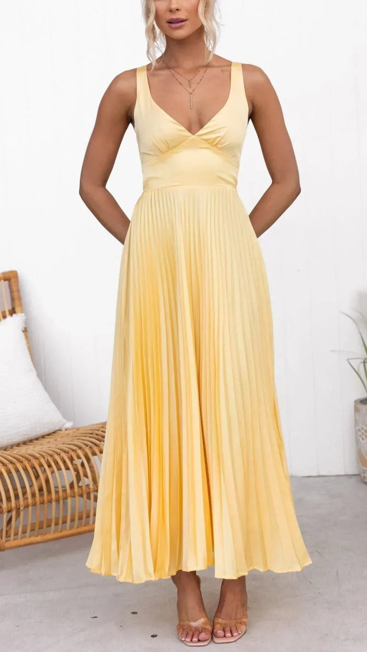 Samantha | Maxi Wedding Guest Dress with V-Neck and Pleated Skirt