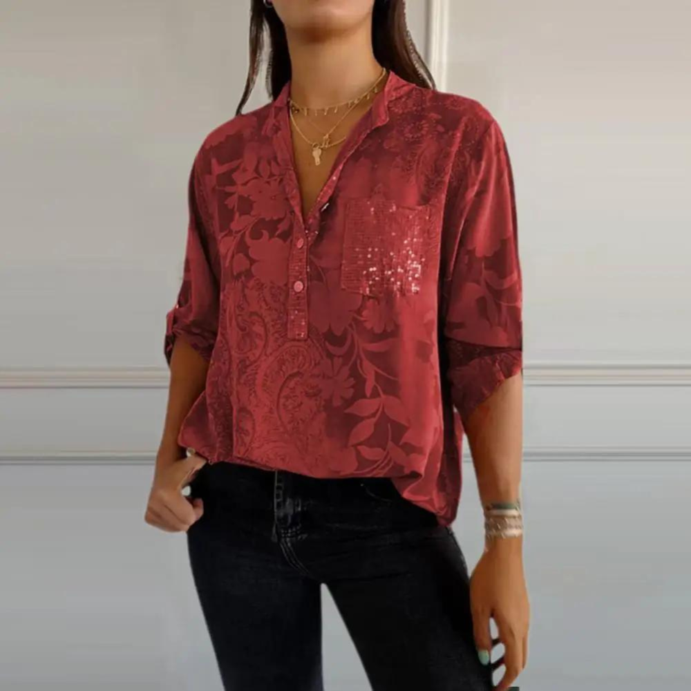Dora | Floral Print Blouse with V Neckline and Chest Pocket