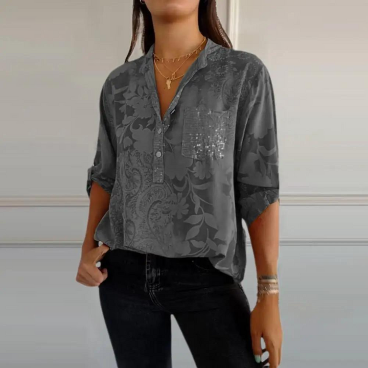 Dora | Floral Print Blouse with V Neckline and Chest Pocket
